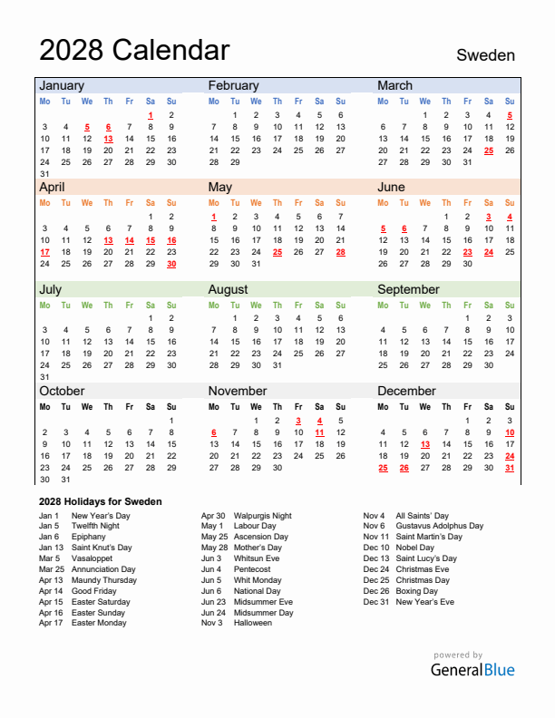 Calendar 2028 with Sweden Holidays