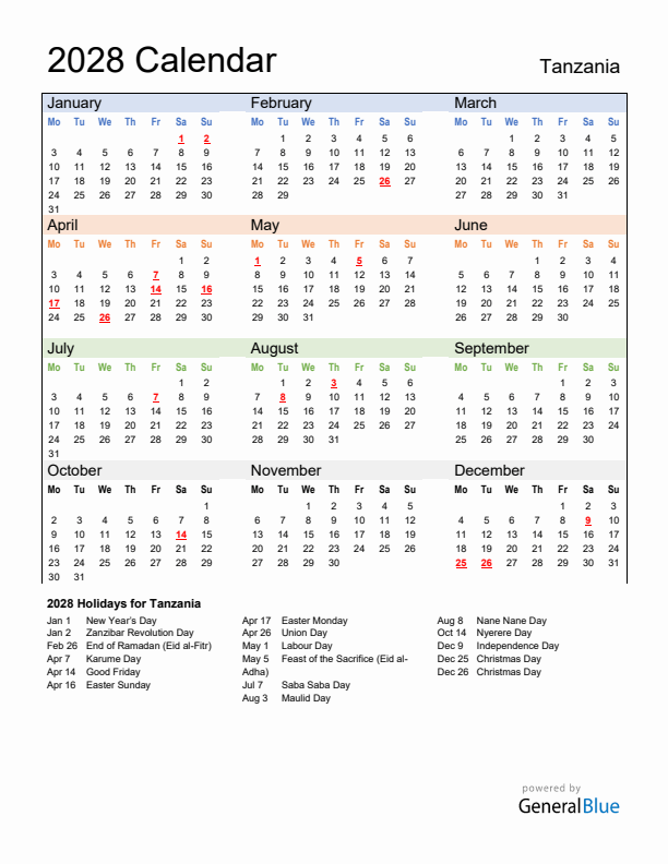 Calendar 2028 with Tanzania Holidays