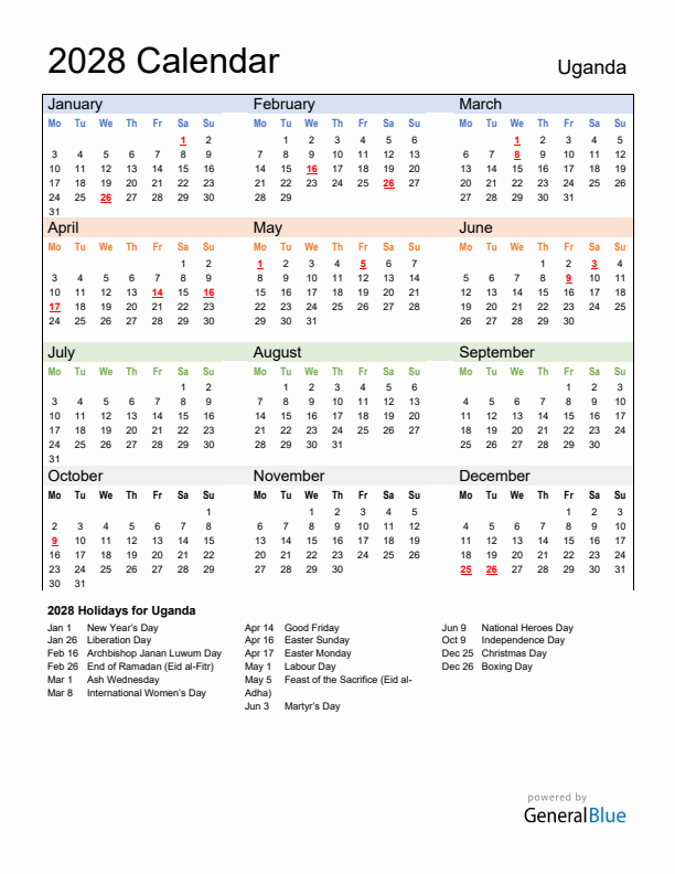 Calendar 2028 with Uganda Holidays