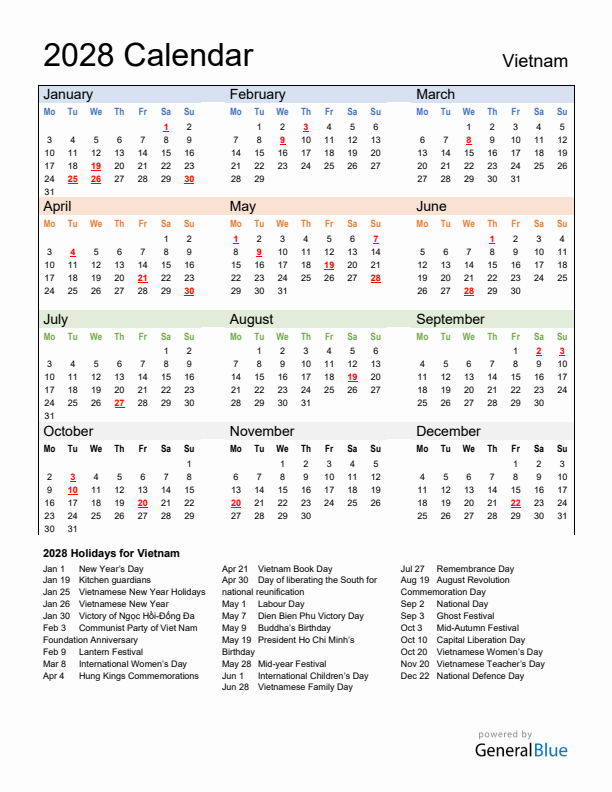 Calendar 2028 with Vietnam Holidays