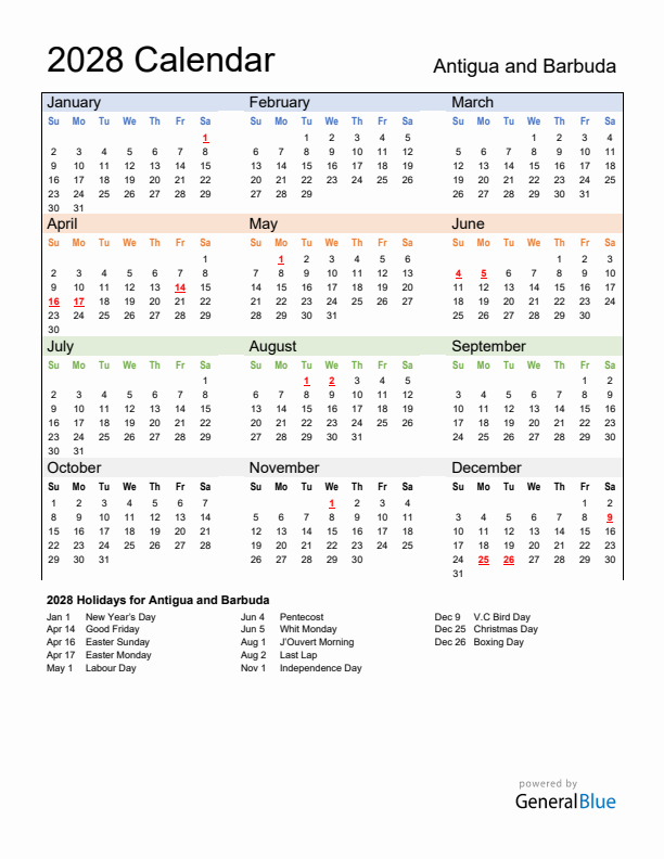 Calendar 2028 with Antigua and Barbuda Holidays