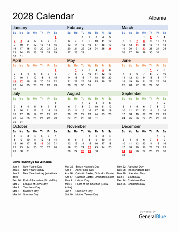 Calendar 2028 with Albania Holidays