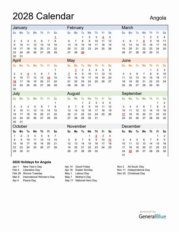 Calendar 2028 with Angola Holidays