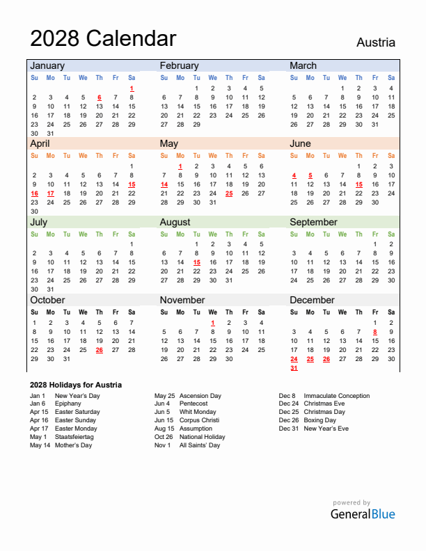 Calendar 2028 with Austria Holidays