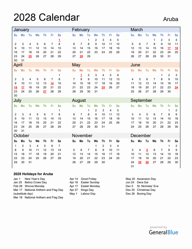 Calendar 2028 with Aruba Holidays