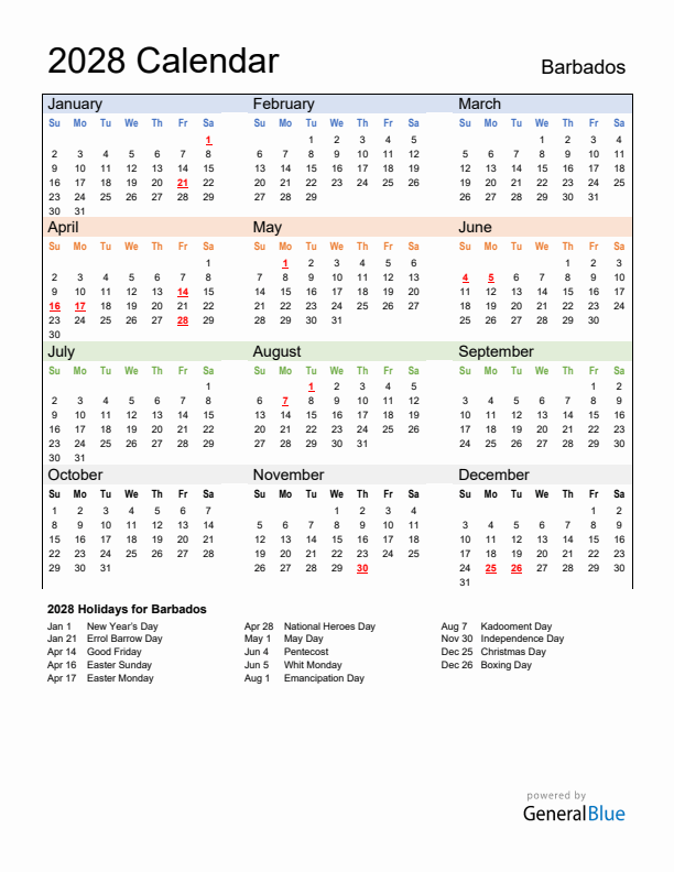 Calendar 2028 with Barbados Holidays