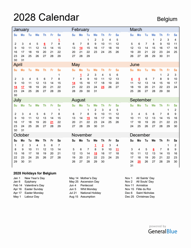 Calendar 2028 with Belgium Holidays