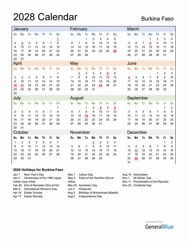 Calendar 2028 with Burkina Faso Holidays