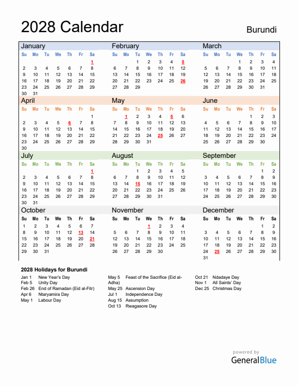 Calendar 2028 with Burundi Holidays