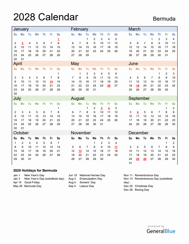 Calendar 2028 with Bermuda Holidays