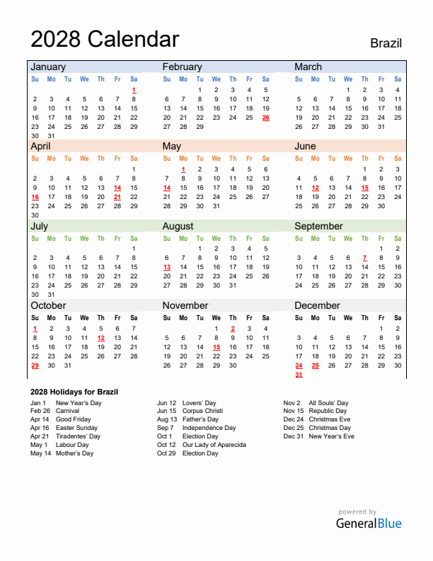 Calendar 2028 with Brazil Holidays