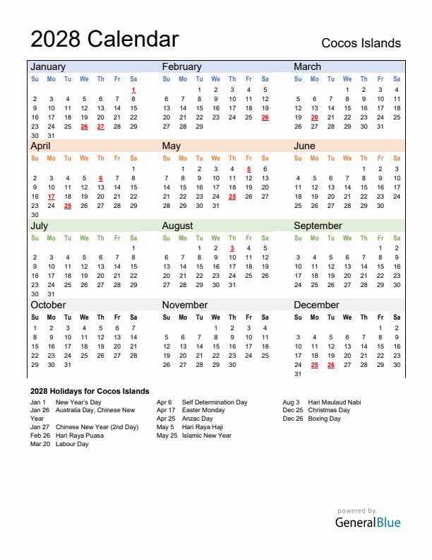 Calendar 2028 with Cocos Islands Holidays