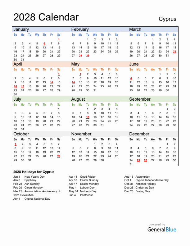 Calendar 2028 with Cyprus Holidays