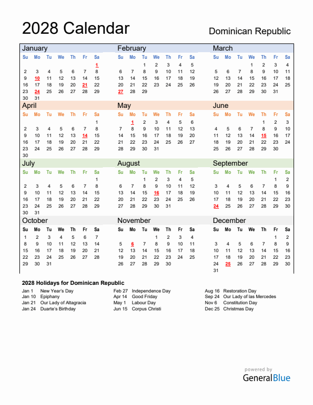 Calendar 2028 with Dominican Republic Holidays