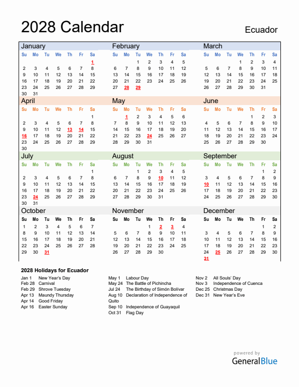 Calendar 2028 with Ecuador Holidays