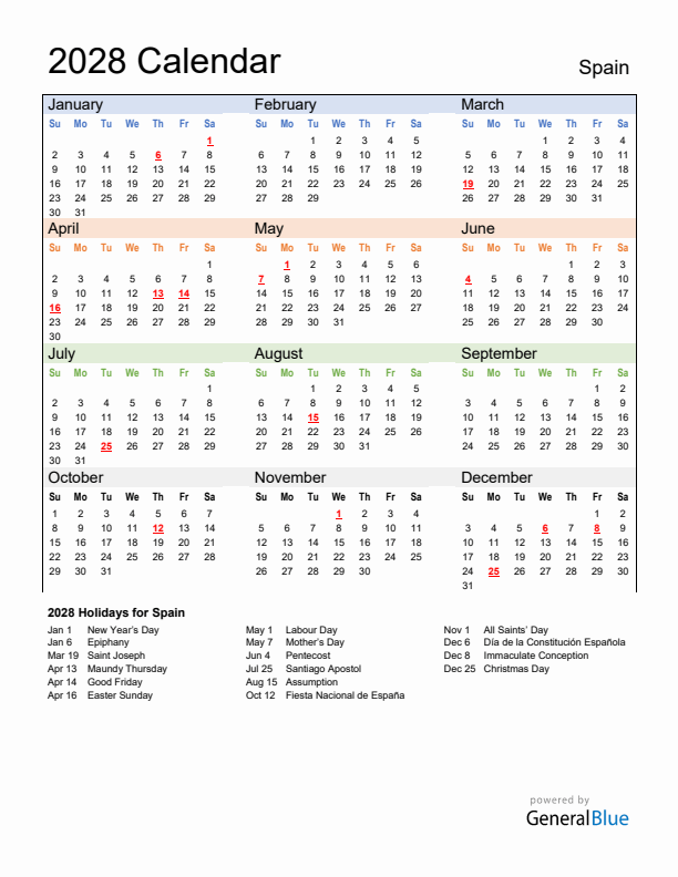 Calendar 2028 with Spain Holidays