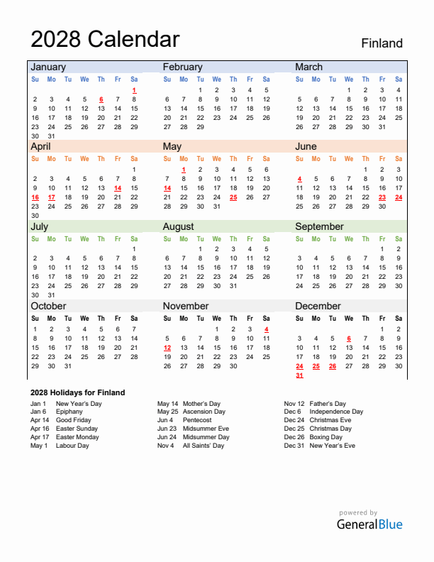 Calendar 2028 with Finland Holidays