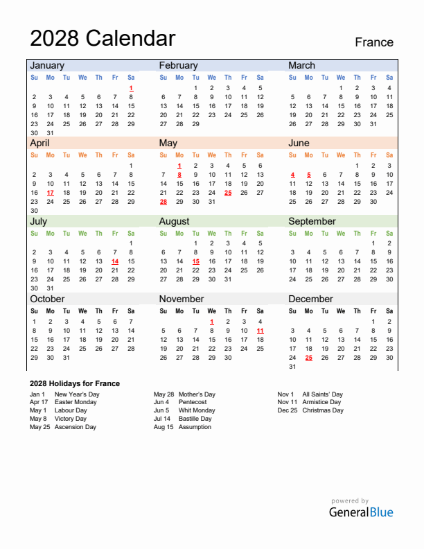 Calendar 2028 with France Holidays