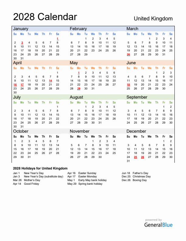 Calendar 2028 with United Kingdom Holidays