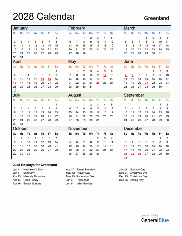 Calendar 2028 with Greenland Holidays