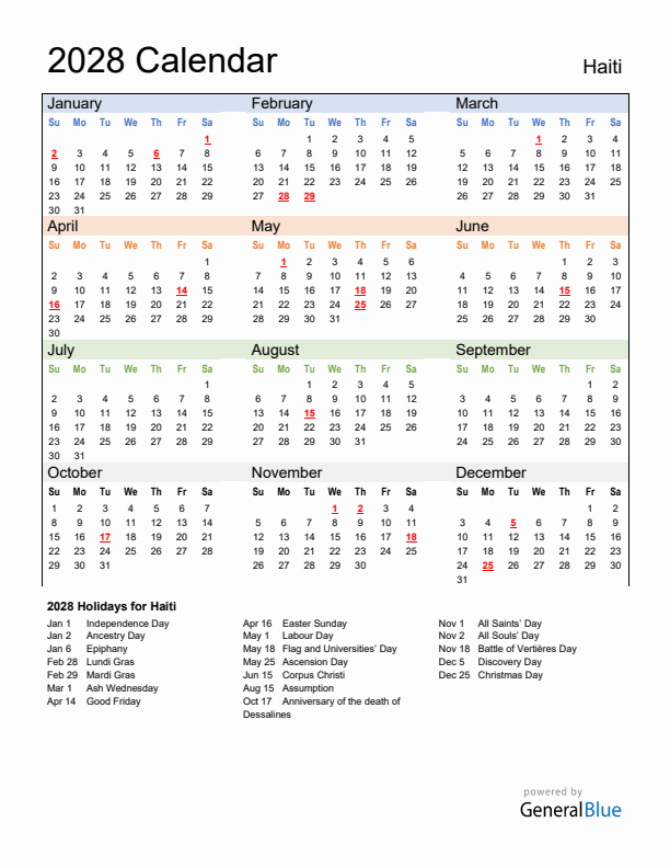 Calendar 2028 with Haiti Holidays