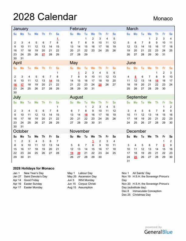 Calendar 2028 with Monaco Holidays