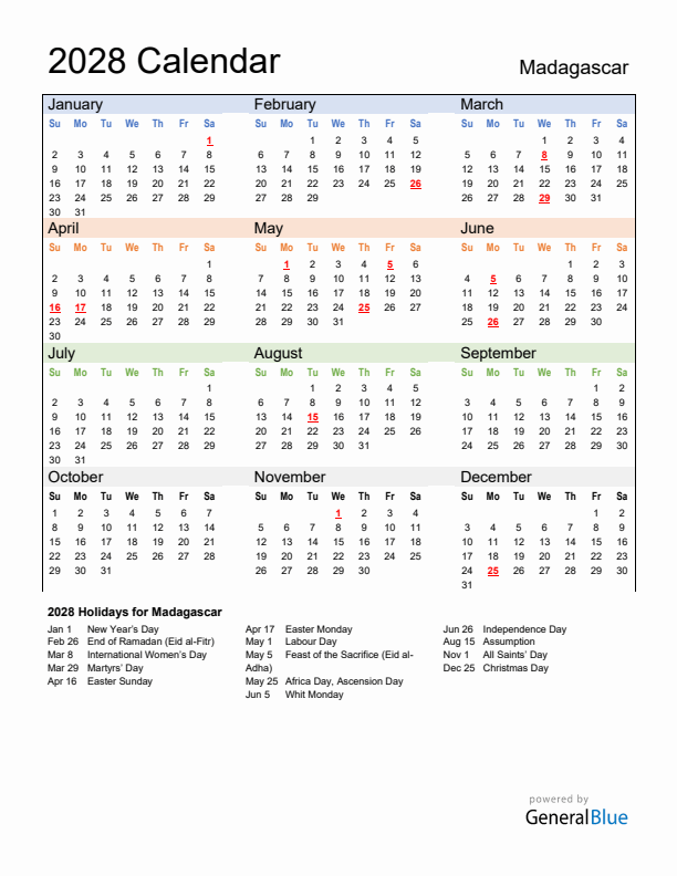 Calendar 2028 with Madagascar Holidays