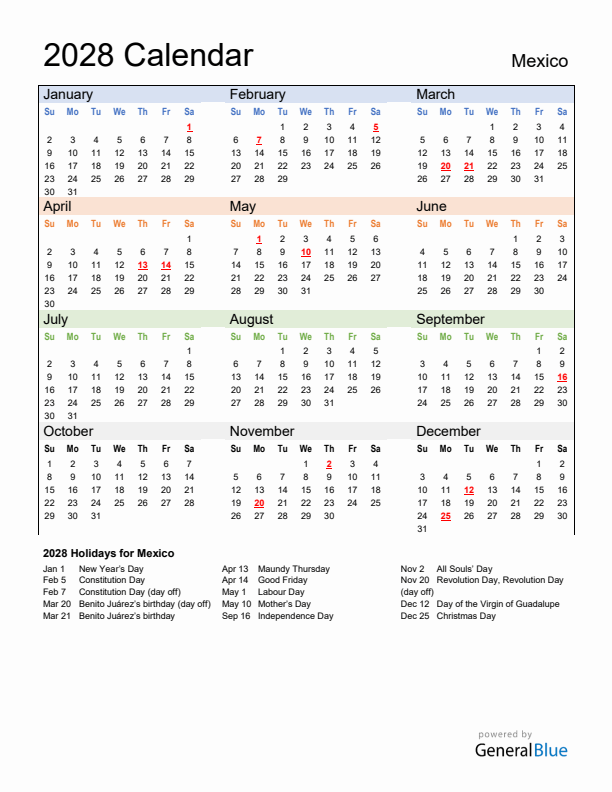 Calendar 2028 with Mexico Holidays