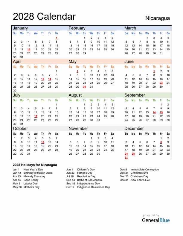 Calendar 2028 with Nicaragua Holidays