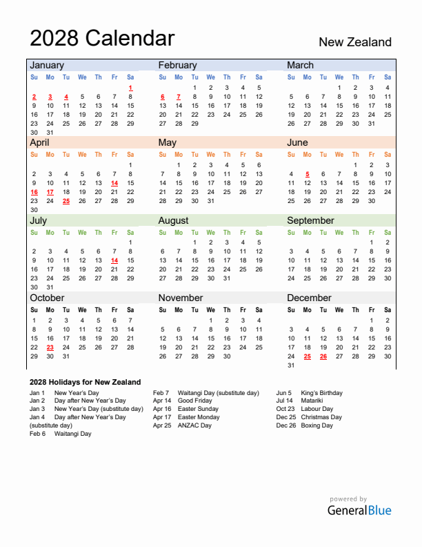 Calendar 2028 with New Zealand Holidays