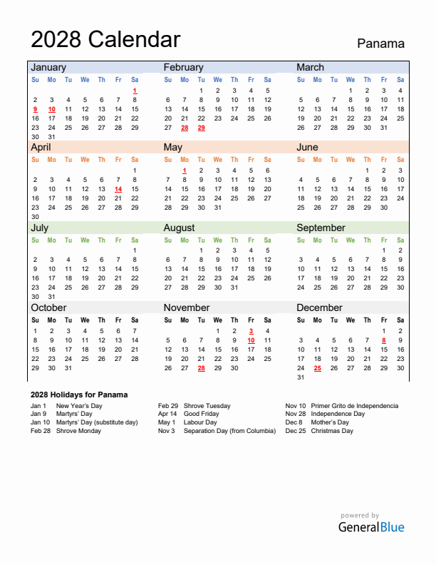 Calendar 2028 with Panama Holidays