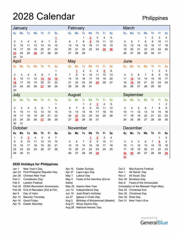 Calendar 2028 with Philippines Holidays