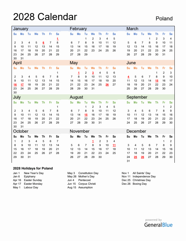 Calendar 2028 with Poland Holidays