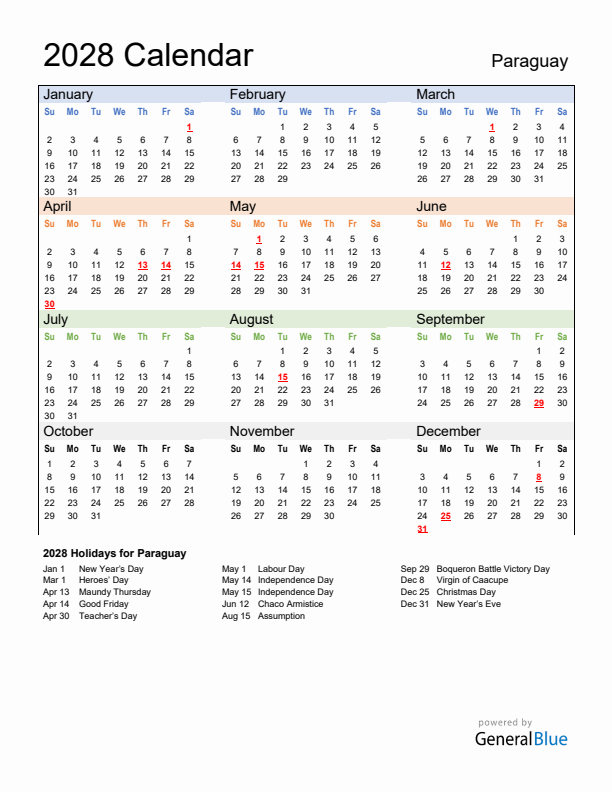 Calendar 2028 with Paraguay Holidays