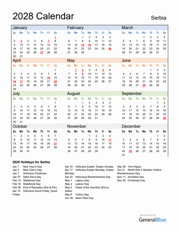 Calendar 2028 with Serbia Holidays