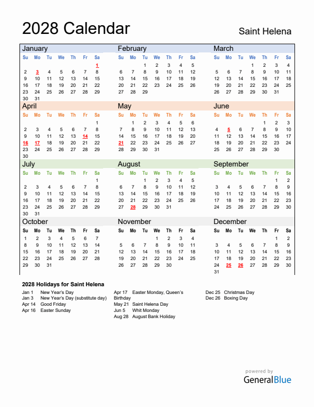 Calendar 2028 with Saint Helena Holidays