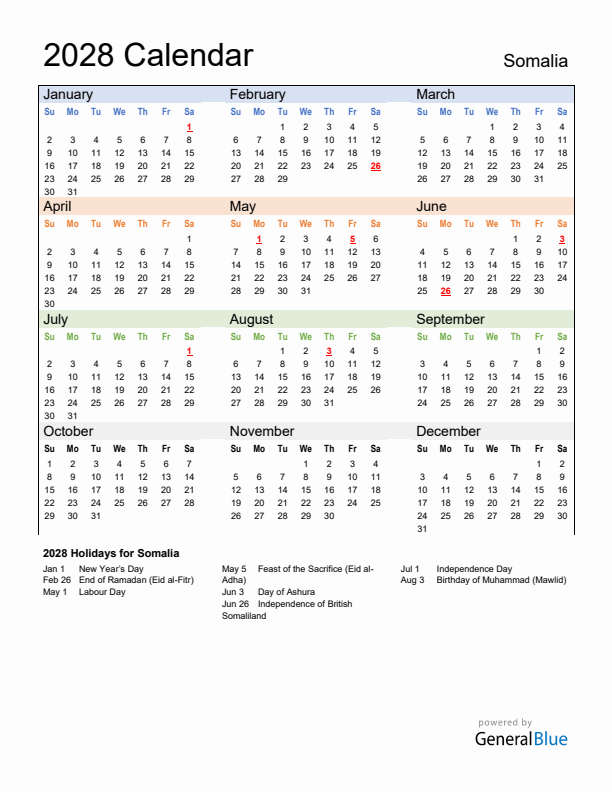 Calendar 2028 with Somalia Holidays