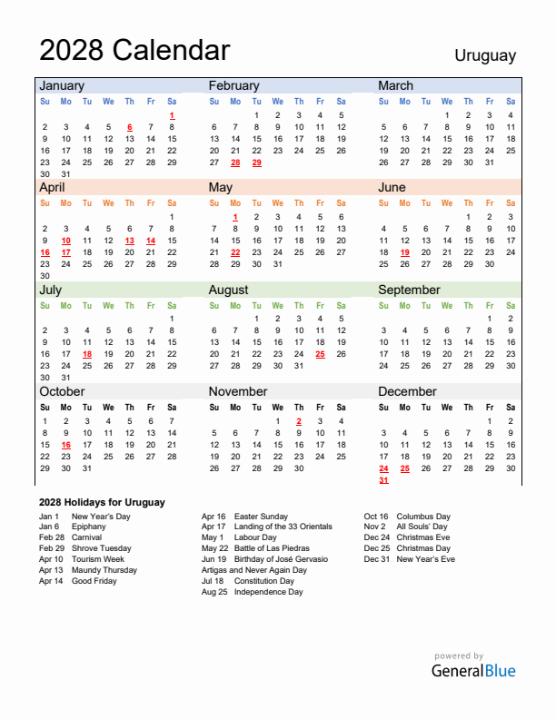 Calendar 2028 with Uruguay Holidays