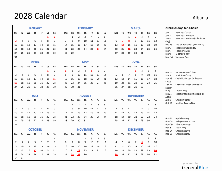 2028 Calendar with Holidays for Albania