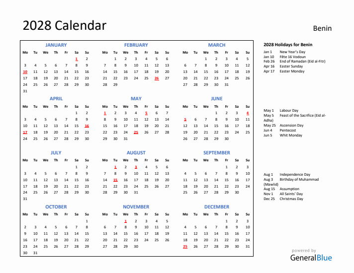 2028 Calendar with Holidays for Benin