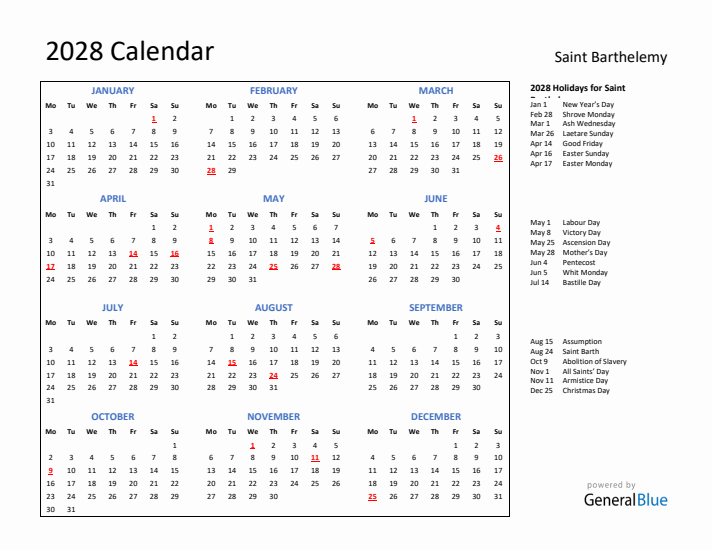 2028 Calendar with Holidays for Saint Barthelemy