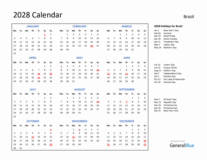 2028 Calendar with Holidays for Brazil