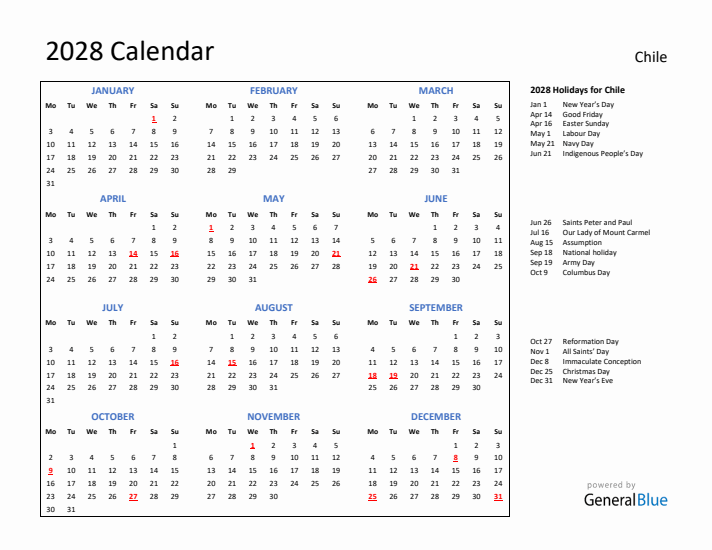 2028 Calendar with Holidays for Chile