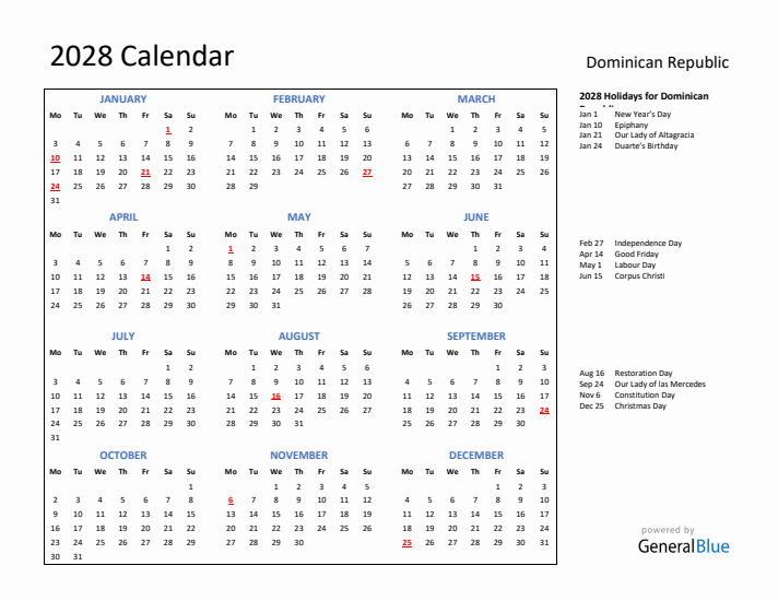 2028 Calendar with Holidays for Dominican Republic