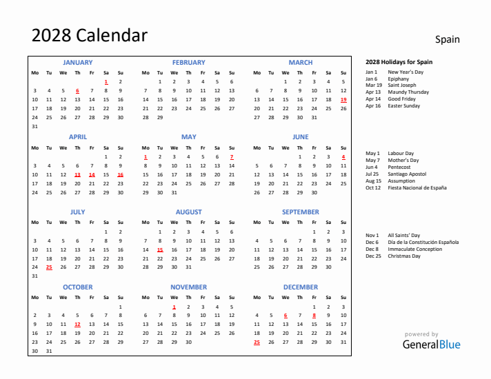 2028 Calendar with Holidays for Spain