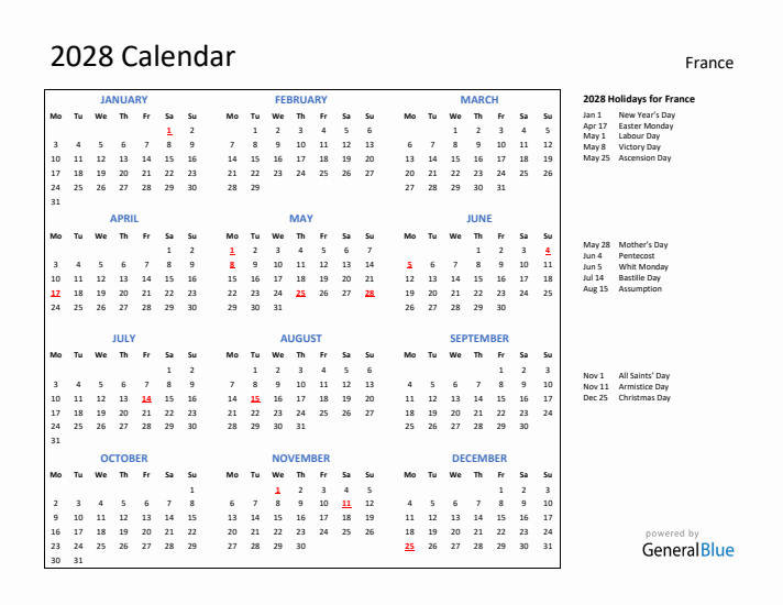 2028 Calendar with Holidays for France