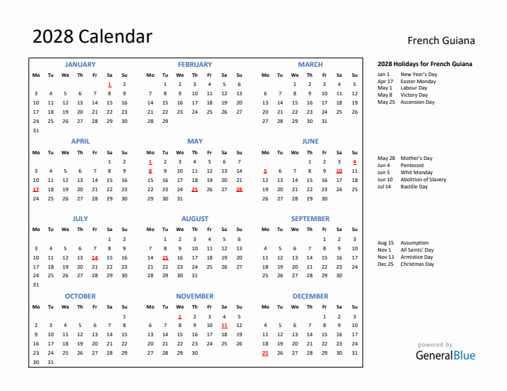 2028 Calendar with Holidays for French Guiana