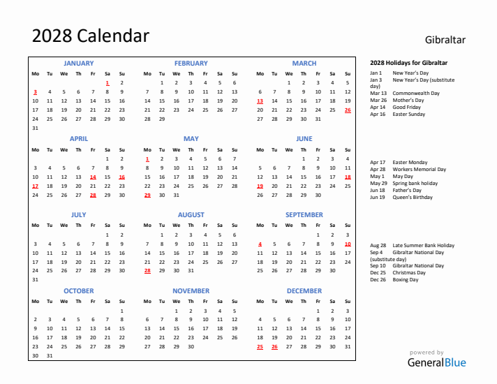 2028 Calendar with Holidays for Gibraltar