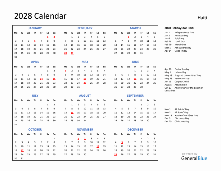 2028 Calendar with Holidays for Haiti