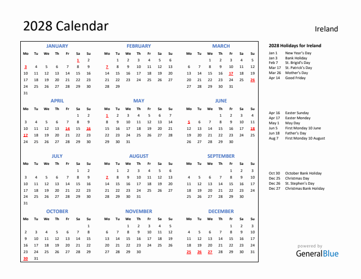 2028 Calendar with Holidays for Ireland